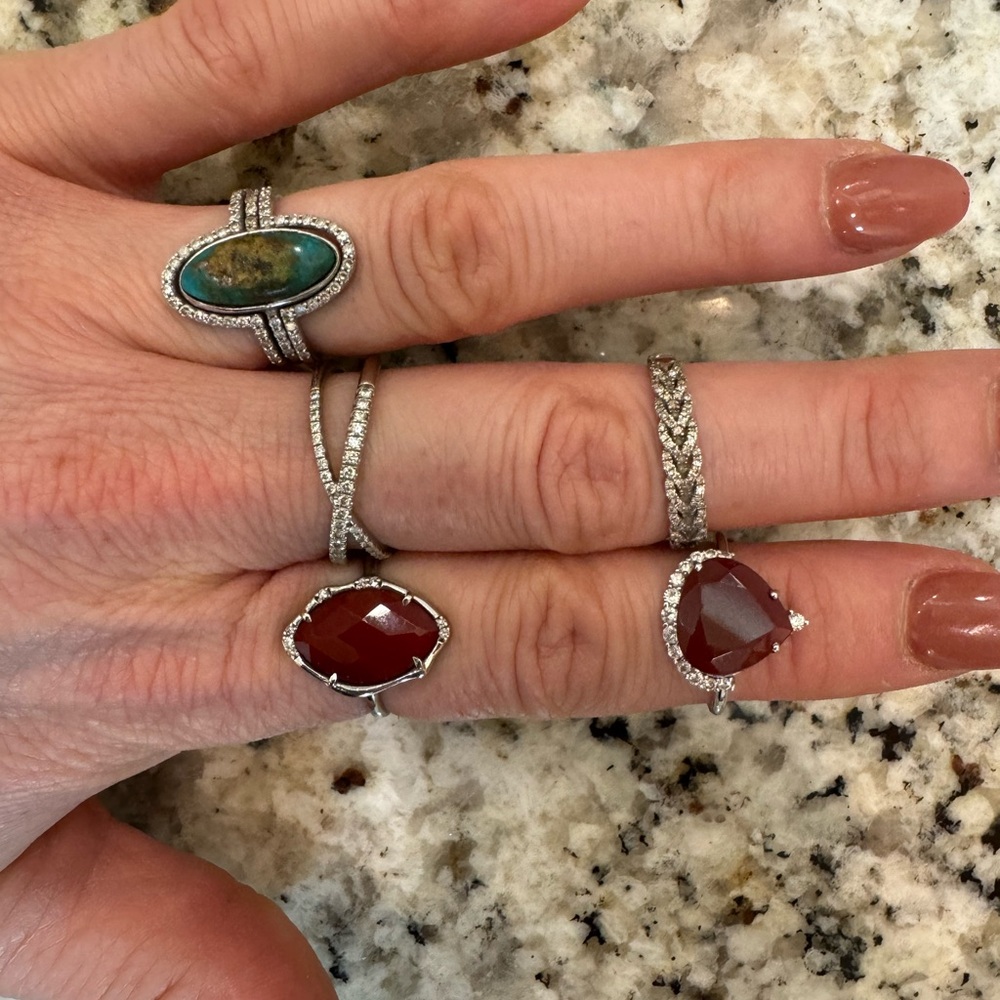 Custom 14k White Gold Rings w Turquoise, Carnelian and Diamonds
